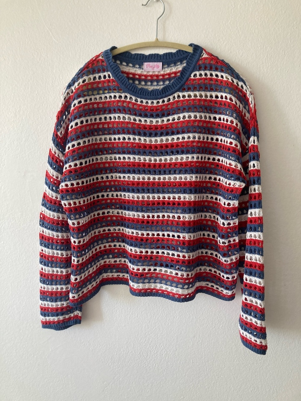 Pink Lily Red, White & Blue Open-Knit Crewneck Sweater